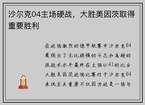 沙尔克04主场硬战，大胜美因茨取得重要胜利